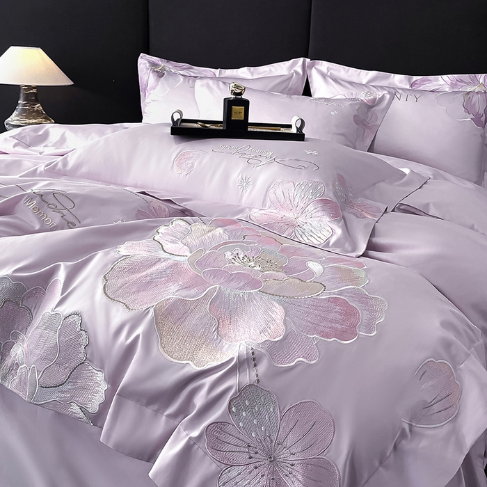 91家纺网 家纺一手货源 找家纺 置顶家纺 2025新款花漾亲肤刺绣系列四件套 花漾-香芋紫