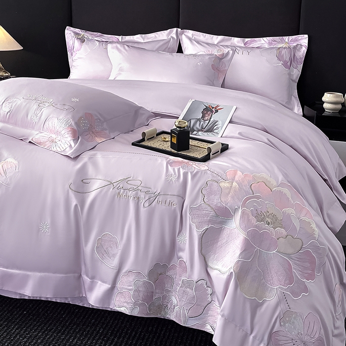 91家纺网 家纺一手货源 找家纺 置顶家纺 2025新款花漾亲肤刺绣系列四件套 花漾-香芋紫