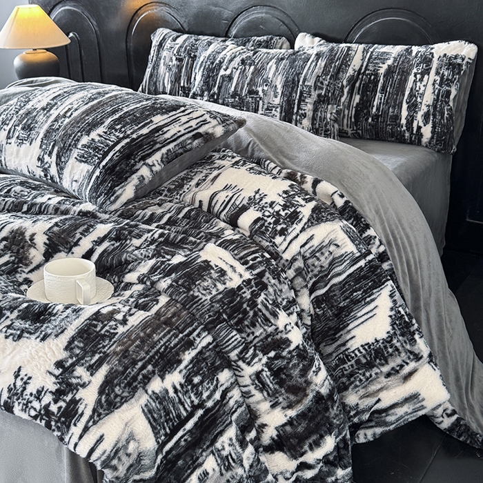 91家纺网 家纺一手货源 找家纺 梵克保罗 2025秋冬新款直播热款高克重兔毛绒牛奶绒印花四件套床笠款 黑白