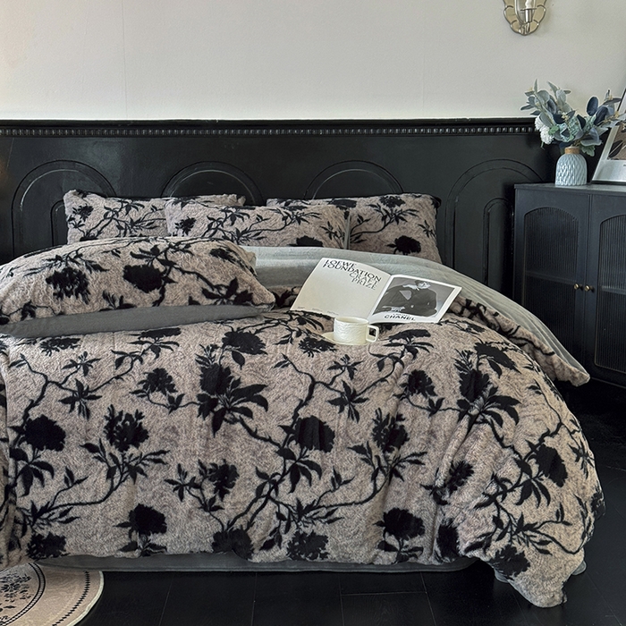 梵克保罗 2025秋冬新款直播热款高克重兔毛绒牛奶绒印花四件套床笠款 花间灰