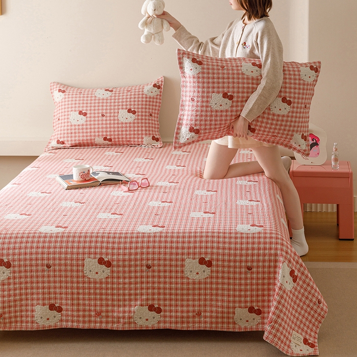 91家纺网 家纺一手货源 找家纺 麻依 2025新款安心棉床盖三件全棉四层纱布床单 凯蒂的快乐