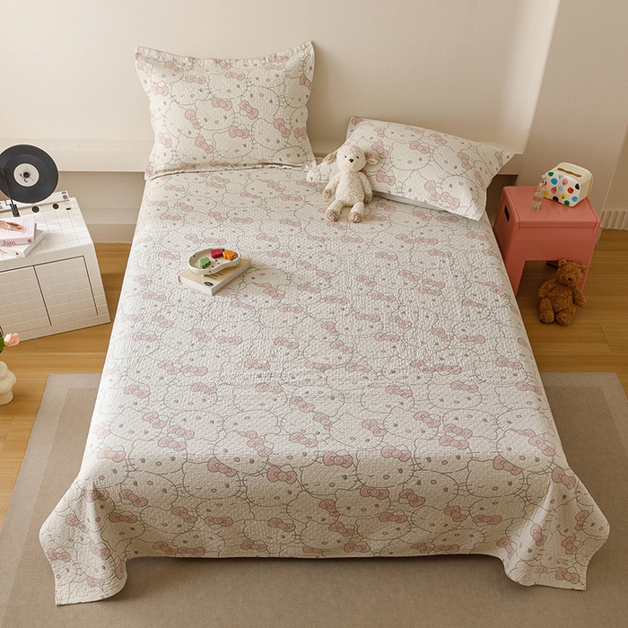 91家纺网 家纺一手货源 找家纺 麻依 2025新款安心棉床盖三件全棉四层纱布床单 团团KT