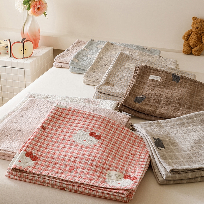 91家纺网 家纺一手货源 找家纺 麻依 2025新款安心棉床盖三件全棉四层纱布床单 组合