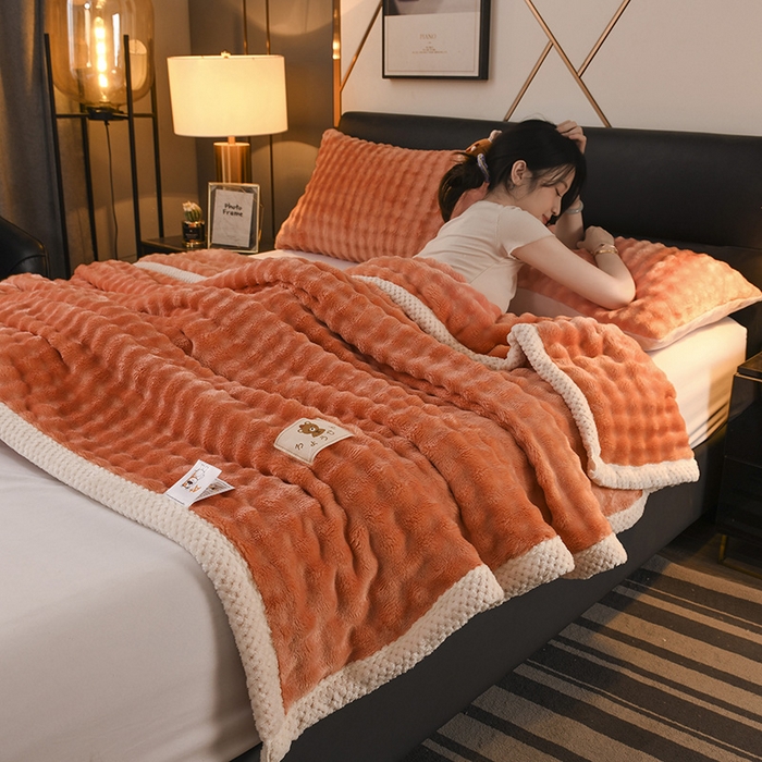 91家纺网 家纺一手货源 找家纺 yyds网供 2025新款仿兔绒毛毯子超柔毛绒毯面包格高克重盖毯沙发毯冬季兔绒格 兔绒格-赤橙-风格二