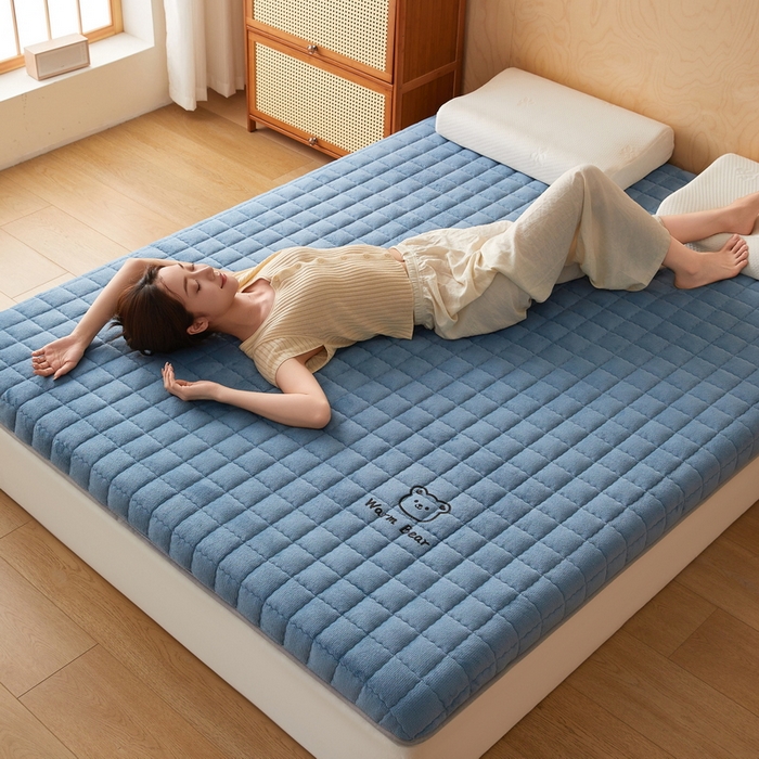 91家纺网 家纺一手货源 找家纺 喜她床垫 2025新款保暖牛奶绒抗压棉床垫（专版烫画） 牛奶绒蓝（5cm）