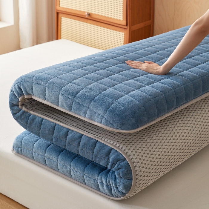 91家纺网 家纺一手货源 找家纺 喜她床垫 2025新款保暖牛奶绒抗压棉床垫（专版烫画） 牛奶绒蓝（8cm）