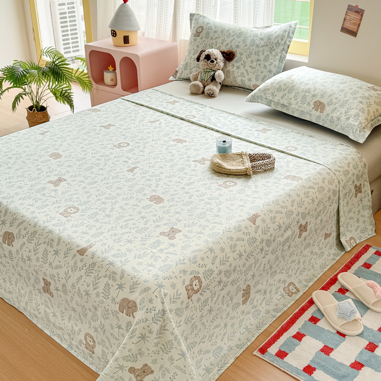 91家纺网 家纺一手货源 找家纺 尚帛 2026新款全棉品质喷气印花爆款四件套 多规格套件 单品系列-单床单 森林小镇-兰