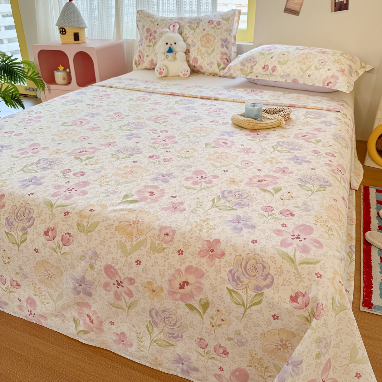 91家纺网 家纺一手货源 找家纺 尚帛 2026新款全棉品质喷气印花爆款四件套 多规格套件 单品系列-单床单 甜心花朵