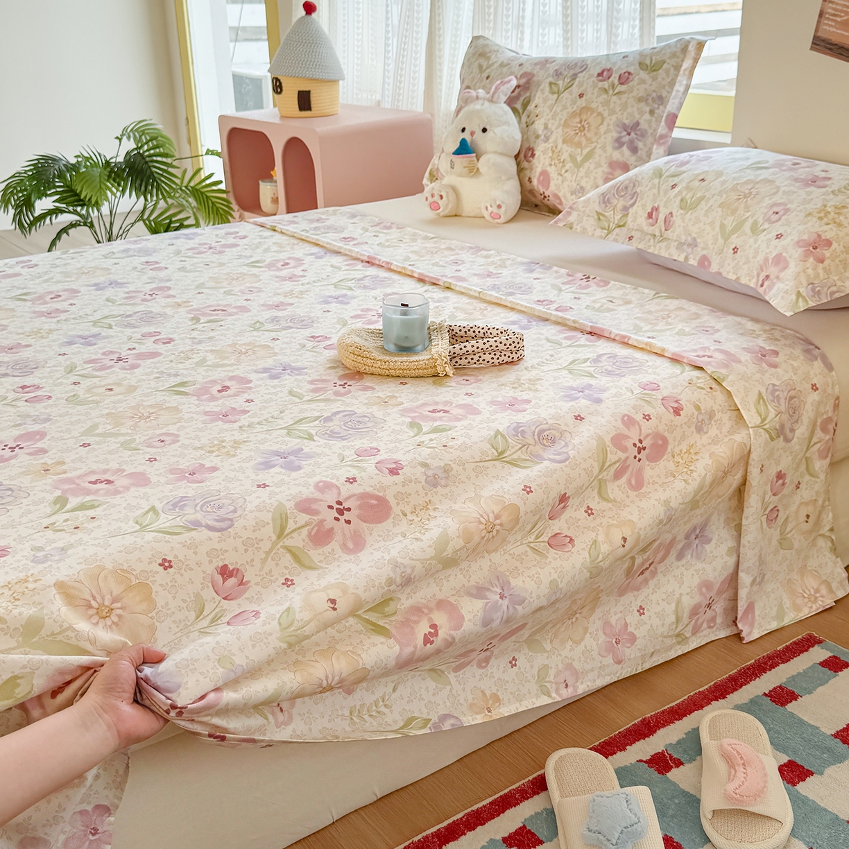 91家纺网 家纺一手货源 找家纺 尚帛 2026新款全棉品质喷气印花爆款四件套 多规格套件 单品系列-单床单 甜心花朵