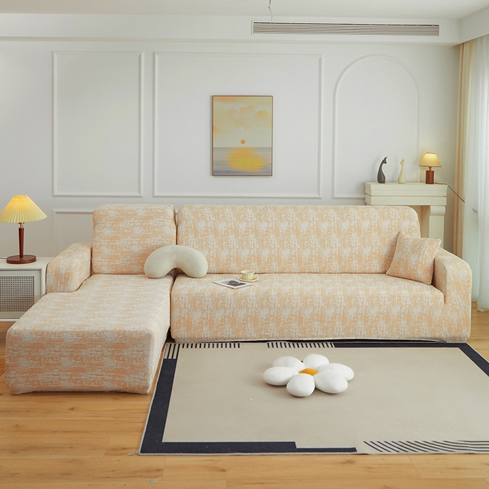 91家纺网 家纺一手货源 找家纺 丝绮鹿 2025新款仿麻雪尼尔松紧款沙发套-流景（贵妃图） 流景-落日橘