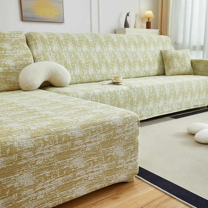 91家纺网 家纺一手货源 找家纺 丝绮鹿 2025新款仿麻雪尼尔松紧款沙发套-流景（贵妃图） 流景-薄雾黄