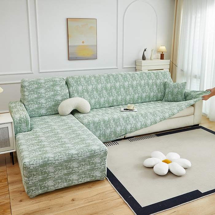 91家纺网 家纺一手货源 找家纺 丝绮鹿 2025新款仿麻雪尼尔松紧款沙发套-流景（贵妃图） 流景-宝石绿