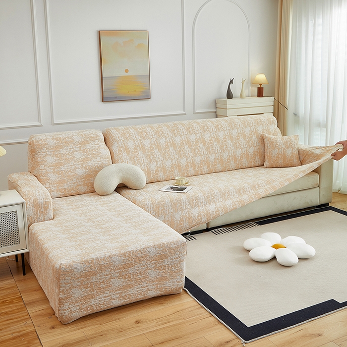 91家纺网 家纺一手货源 找家纺 丝绮鹿 2025新款仿麻雪尼尔松紧款沙发套-流景（贵妃图） 流景-落日橘