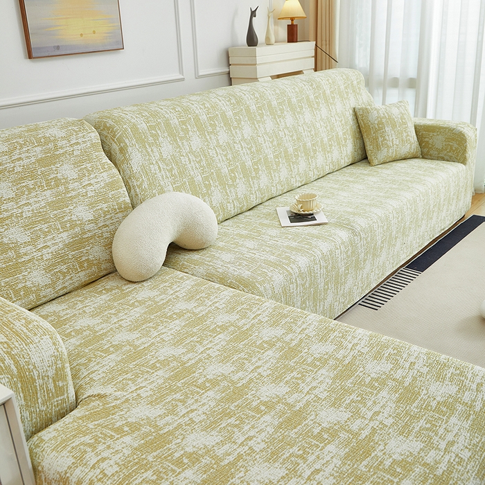 91家纺网 家纺一手货源 找家纺 丝绮鹿 2025新款仿麻雪尼尔松紧款沙发套-流景（贵妃图） 流景-薄雾黄