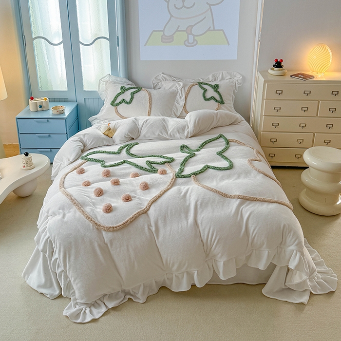 缘生活 2025新款牛奶绒-簇绒绣草莓四件套 簇绒绣草莓-本白