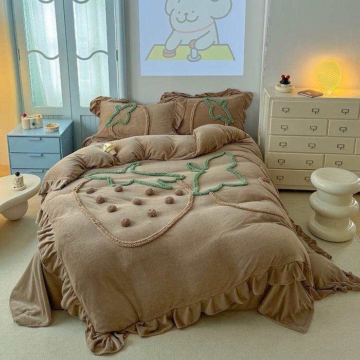 缘生活 2025新款牛奶绒-簇绒绣草莓四件套 簇绒绣草莓-深咖
