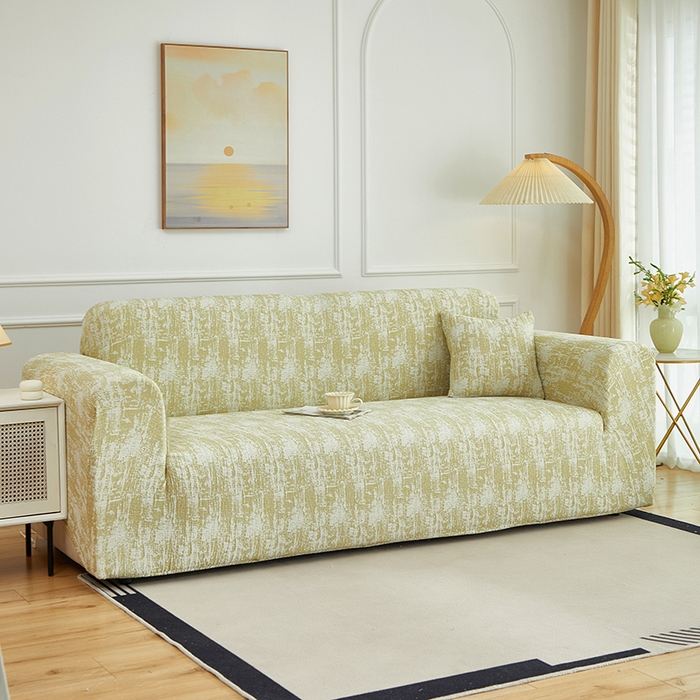 91家纺网 家纺一手货源 找家纺 丝绮鹿 2025新款仿麻雪尼尔沙发套松紧款-流景系列（三人图） 流景-薄雾黄