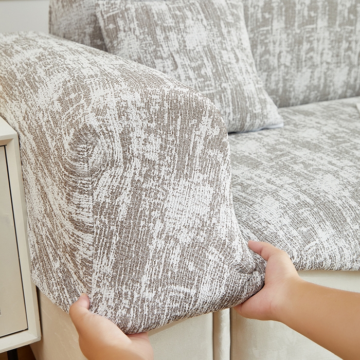 91家纺网 家纺一手货源 找家纺 丝绮鹿 2025新款仿麻雪尼尔沙发套松紧款-流景系列（三人图） 流景-黑棕色