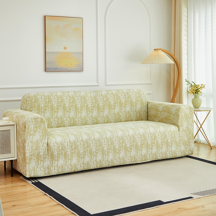 91家纺网 家纺一手货源 找家纺 丝绮鹿 2025新款仿麻雪尼尔沙发套松紧款-流景系列（三人图） 流景-薄雾黄