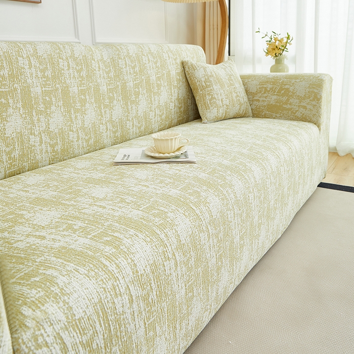 91家纺网 家纺一手货源 找家纺 丝绮鹿 2025新款仿麻雪尼尔沙发套松紧款-流景系列（三人图） 流景-薄雾黄