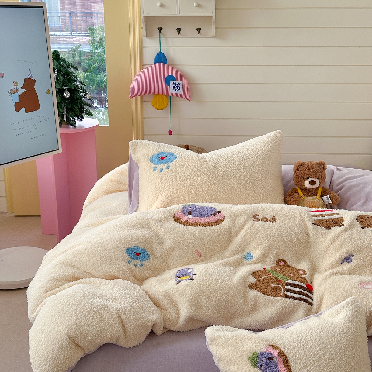 91家纺网 家纺一手货源 找家纺 柚子YOUTH 2025新款双面泰迪绒毛巾绣四件套 小茄子