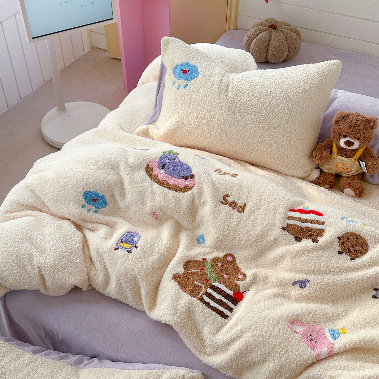 91家纺网 家纺一手货源 找家纺 柚子YOUTH 2025新款双面泰迪绒毛巾绣四件套 小茄子