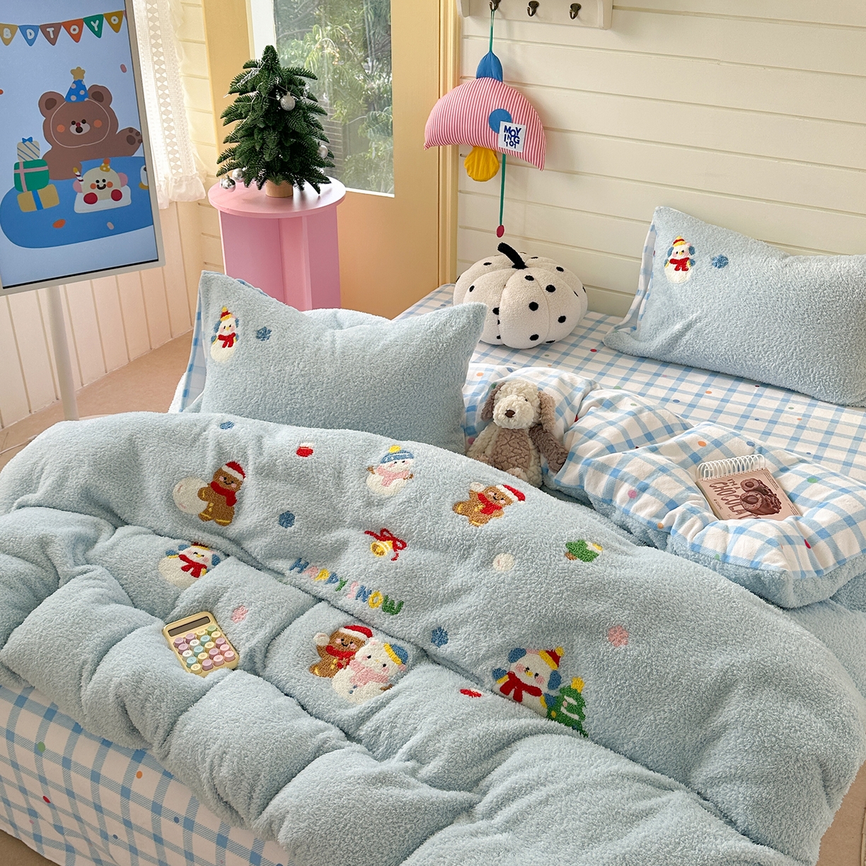 91家纺网 家纺一手货源 找家纺 柚子YOUTH 2025新款双面泰迪绒毛巾绣四件套 雪人王国