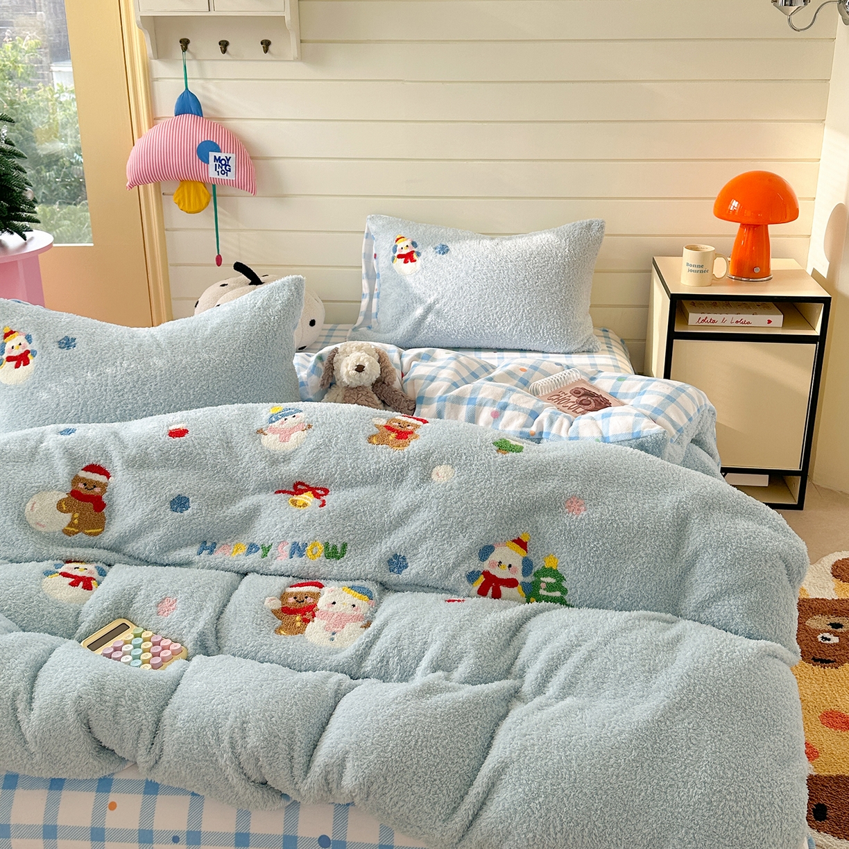 91家纺网 家纺一手货源 找家纺 柚子YOUTH 2025新款双面泰迪绒毛巾绣四件套 雪人王国