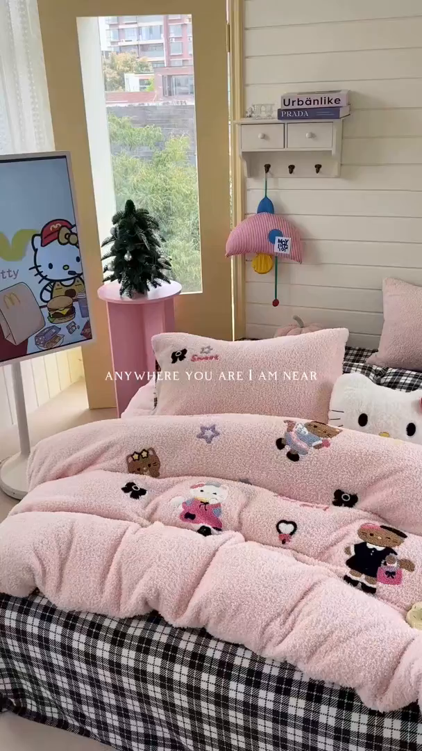 91家纺网 家纺一手货源 找家纺 柚子YOUTH 2025新款双面泰迪绒毛巾绣四件套 甜酷KT