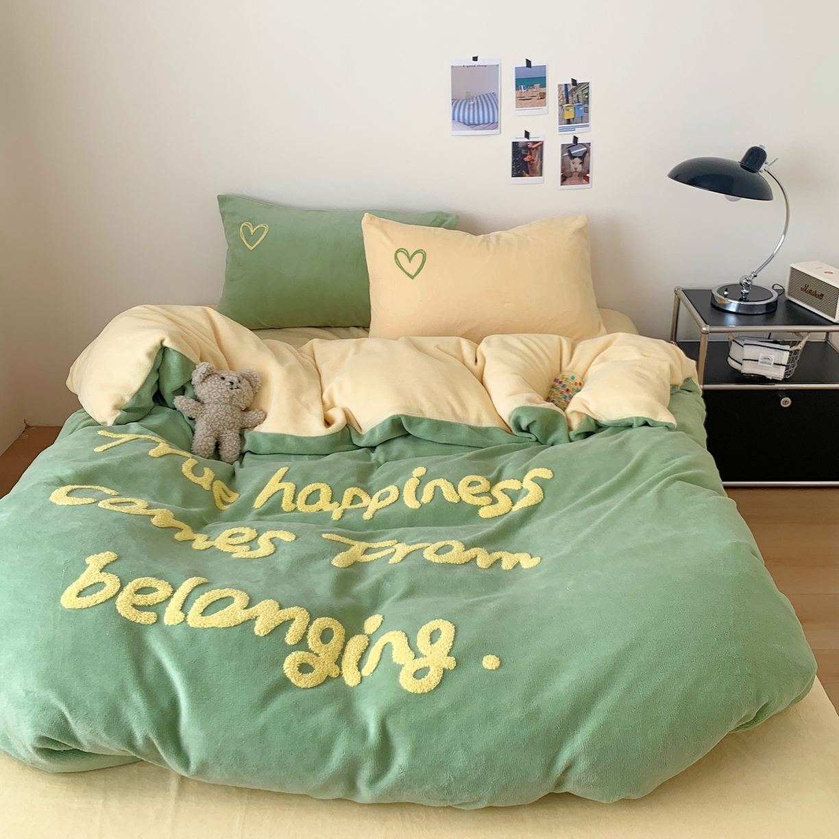 91家纺网 家纺一手货源 找家纺 桃喜 2025新款韩系纯色200g牛奶绒柔软毛巾绣刺绣四件套 牛油果绿