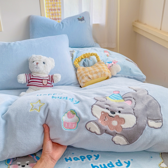 家纺货源 南通家纺 一件代发（总）梦舒阳家纺 2025贴布绣牛奶绒四件套可爱卡通牛奶绒刺绣四件套量大优惠