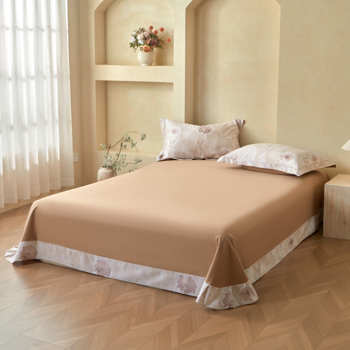 91家纺网 家纺一手货源 找家纺 洺兰家居 2025年新款秋冬加厚全棉磨毛四件套纯棉生态磨毛印花套件 锦绣时光-咖