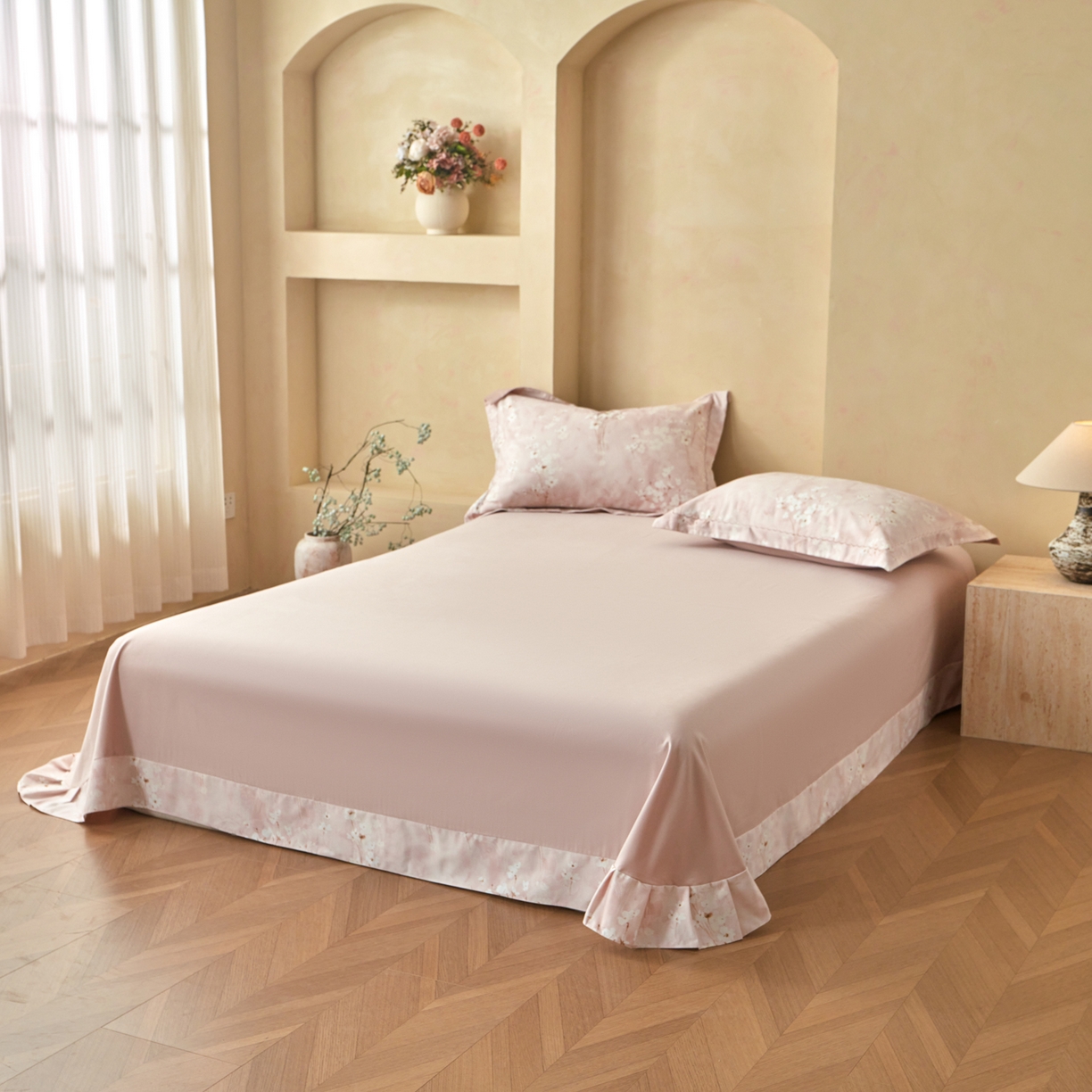 91家纺网 家纺一手货源 找家纺 洺兰家居 2025年新款秋冬加厚全棉磨毛四件套纯棉生态磨毛印花套件 黛玉轻妆-粉