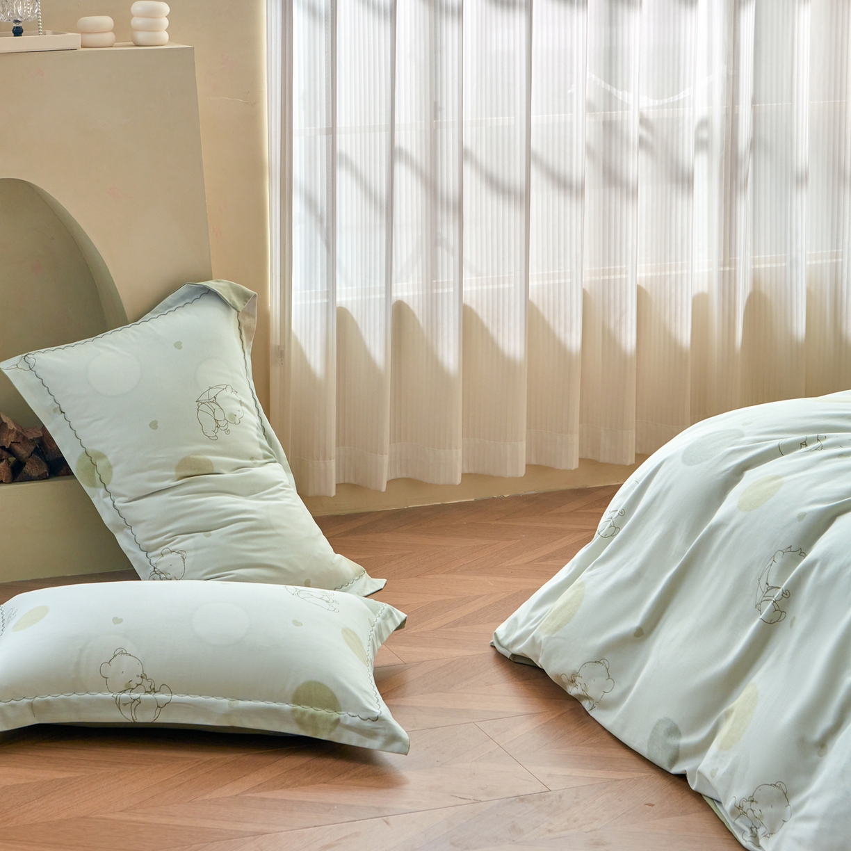 91家纺网 家纺一手货源 找家纺 洺兰家居 2025年新款秋冬加厚全棉磨毛四件套纯棉生态磨毛印花套件 星空小熊-绿