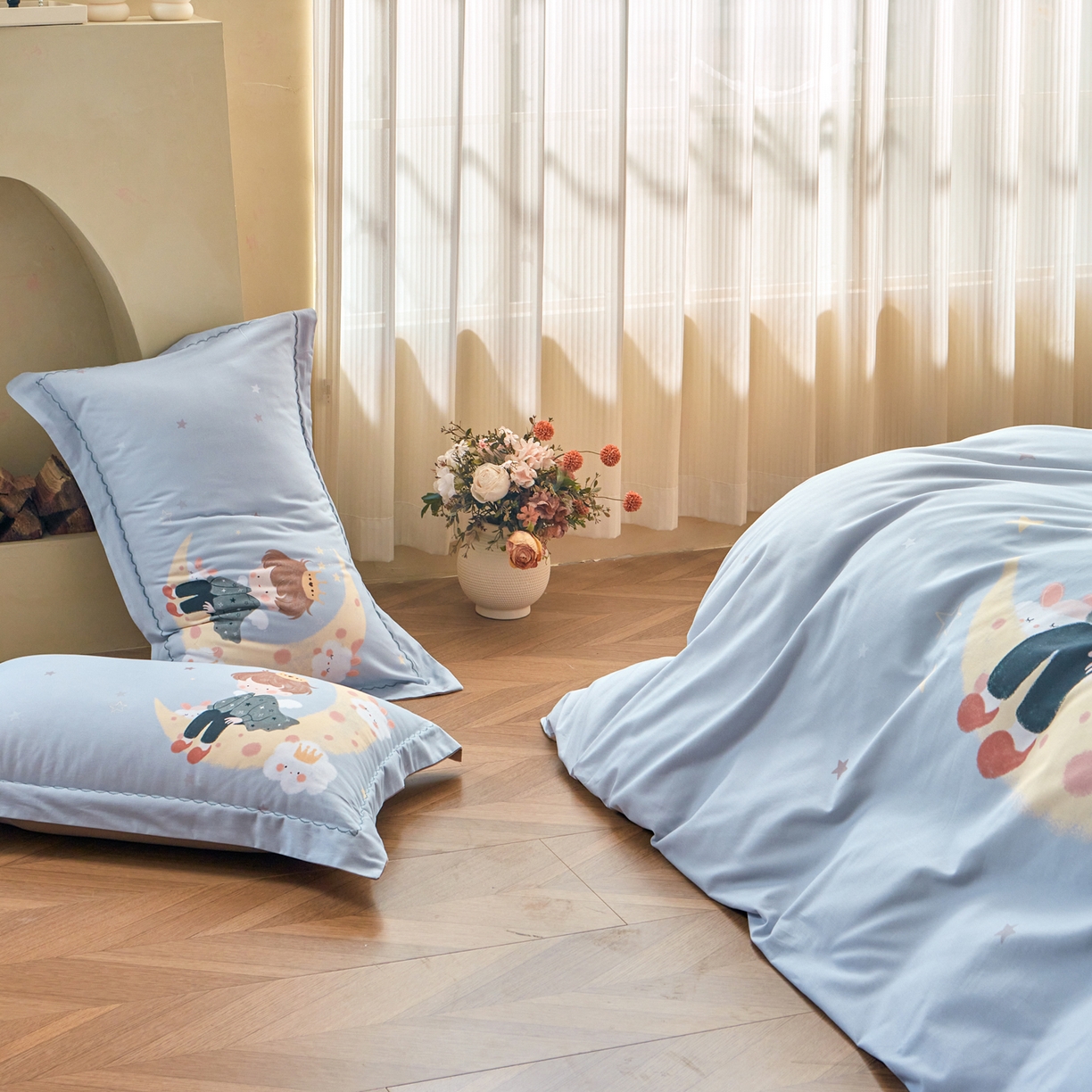 91家纺网 家纺一手货源 找家纺 洺兰家居 2025年新款秋冬加厚全棉磨毛四件套纯棉生态磨毛印花套件 小王子-灰