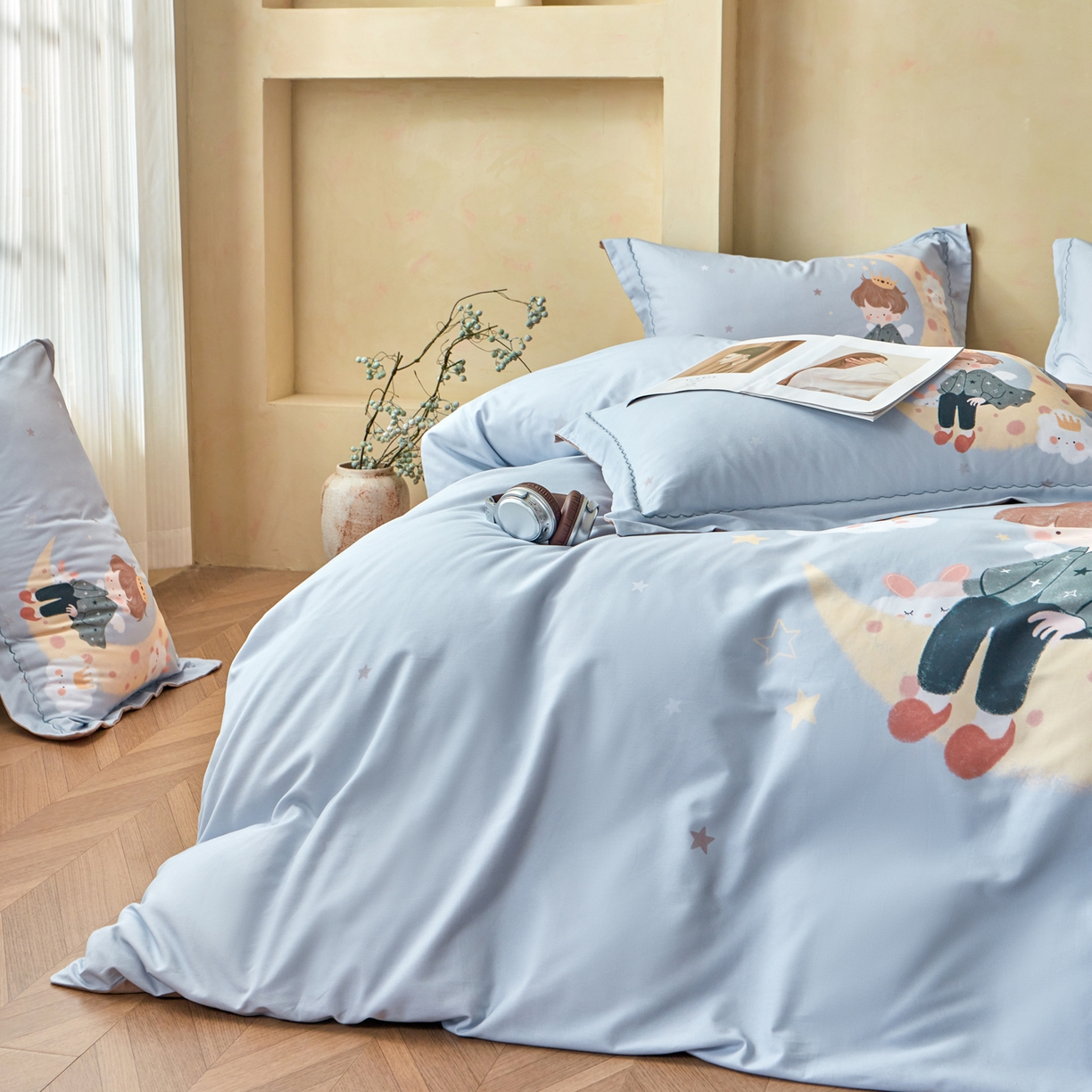 91家纺网 家纺一手货源 找家纺 洺兰家居 2025年新款秋冬加厚全棉磨毛四件套纯棉生态磨毛印花套件 小王子-灰