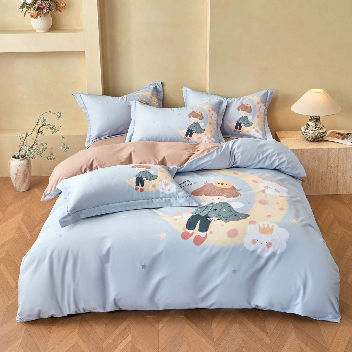 91家纺网 家纺一手货源 找家纺 洺兰家居 2025年新款秋冬加厚全棉磨毛四件套纯棉生态磨毛印花套件 小王子-灰