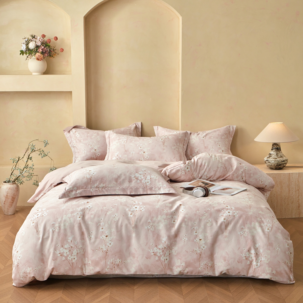 91家纺网 家纺一手货源 找家纺 洺兰家居 2025年新款秋冬加厚全棉磨毛四件套纯棉生态磨毛印花套件 黛玉轻妆-粉