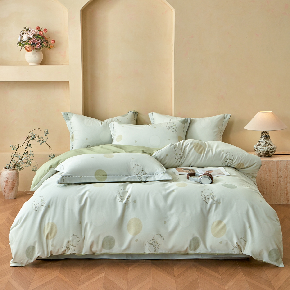 91家纺网 家纺一手货源 找家纺 洺兰家居 2025年新款秋冬加厚全棉磨毛四件套纯棉生态磨毛印花套件 星空小熊-绿