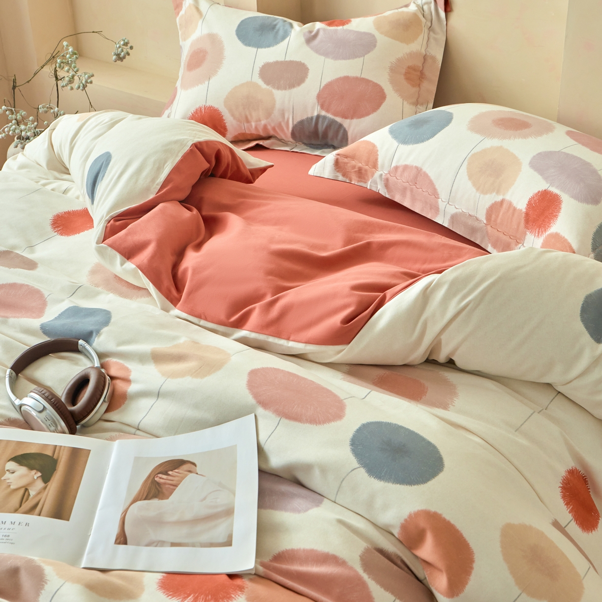 91家纺网 家纺一手货源 找家纺 洺兰家居 2025年新款秋冬加厚全棉磨毛四件套纯棉生态磨毛印花套件 蒸蒸日上-红