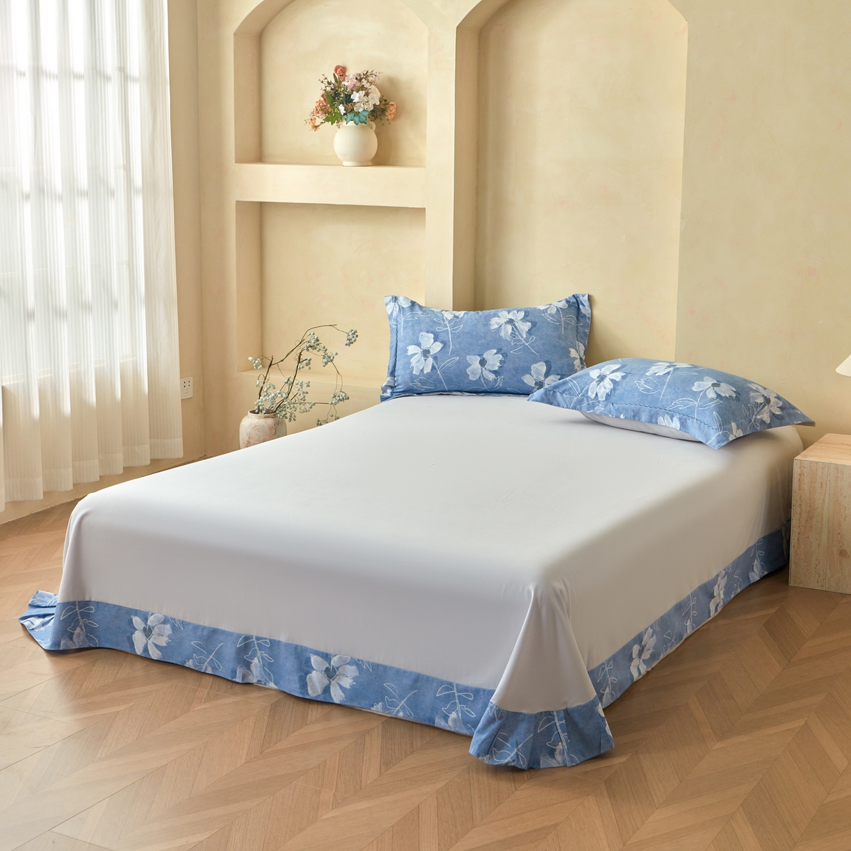 91家纺网 家纺一手货源 找家纺 洺兰家居 2025年新款秋冬加厚全棉磨毛四件套纯棉生态磨毛印花套件 琼芳玉露-蓝