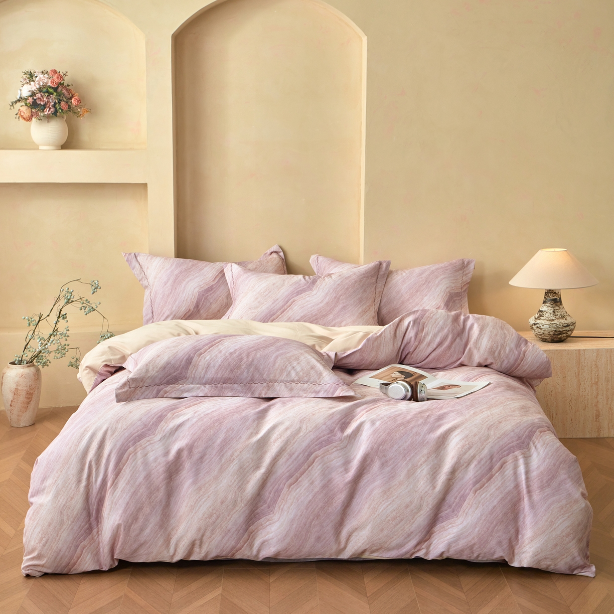 91家纺网 家纺一手货源 找家纺 洺兰家居 2025年新款秋冬加厚全棉磨毛四件套纯棉生态磨毛印花套件 烟云-豆沙