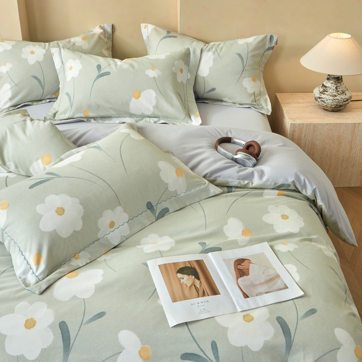 91家纺网 家纺一手货源 找家纺 洺兰家居 2025年新款秋冬加厚全棉磨毛四件套纯棉生态磨毛印花套件 花漾情-绿