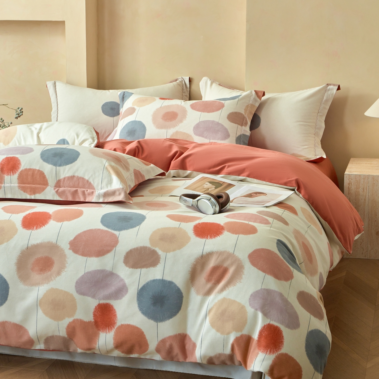 91家纺网 家纺一手货源 找家纺 洺兰家居 2025年新款秋冬加厚全棉磨毛四件套纯棉生态磨毛印花套件 蒸蒸日上-红