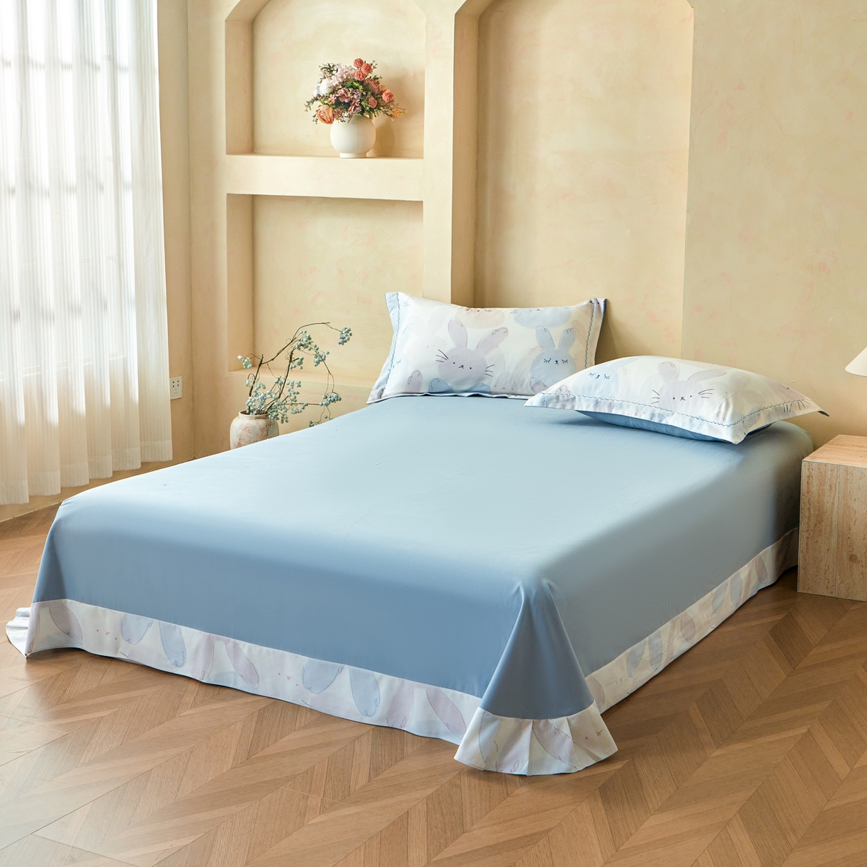 91家纺网 家纺一手货源 找家纺 洺兰家居 2025年新款秋冬加厚全棉磨毛四件套纯棉生态磨毛印花套件 萌萌兔-粉