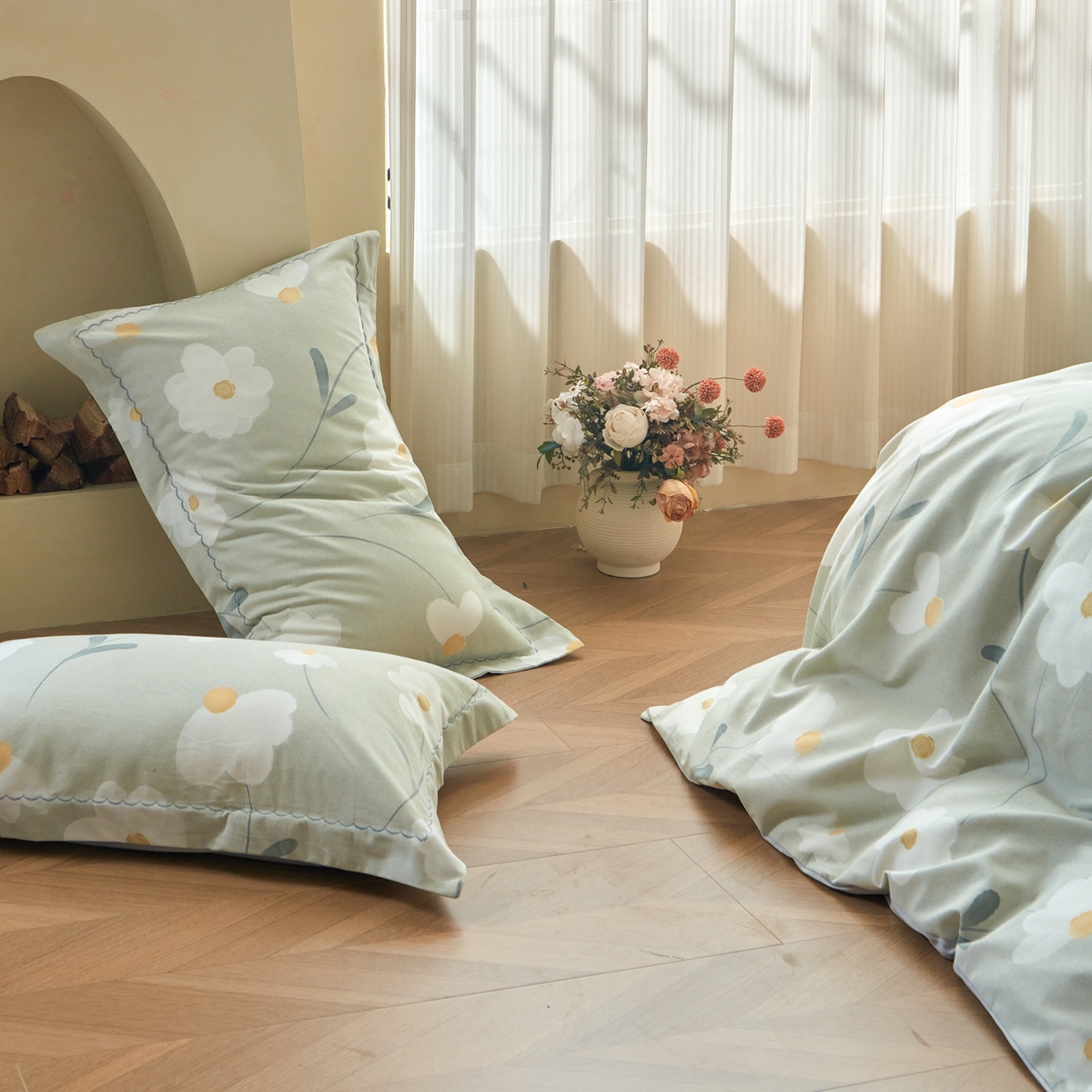 91家纺网 家纺一手货源 找家纺 洺兰家居 2025年新款秋冬加厚全棉磨毛四件套纯棉生态磨毛印花套件 花漾情-绿