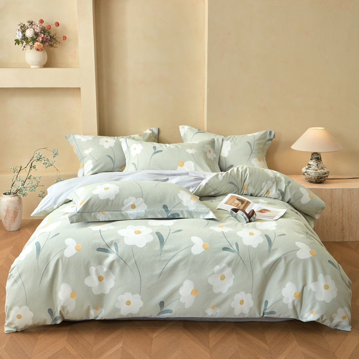 91家纺网 家纺一手货源 找家纺 洺兰家居 2025年新款秋冬加厚全棉磨毛四件套纯棉生态磨毛印花套件 花漾情-绿