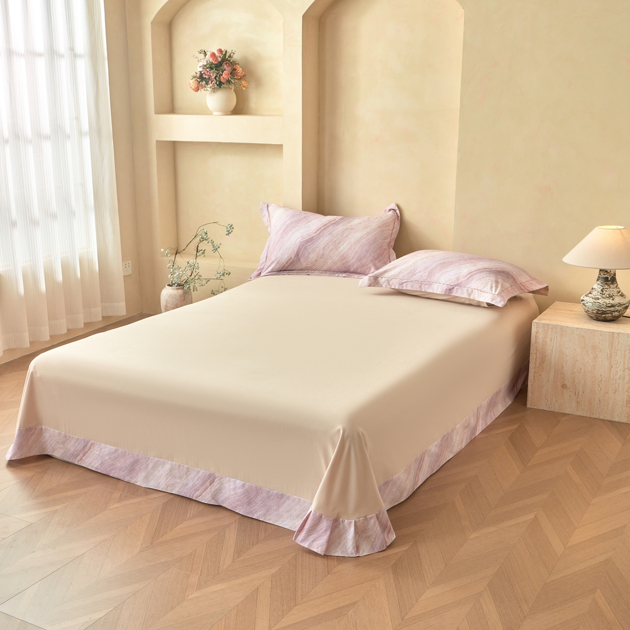 91家纺网 家纺一手货源 找家纺 洺兰家居 2025年新款秋冬加厚全棉磨毛四件套纯棉生态磨毛印花套件 烟云-豆沙