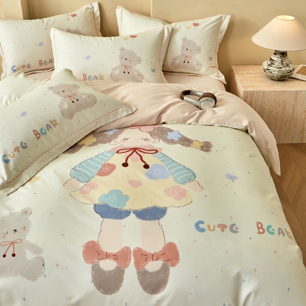 91家纺网 家纺一手货源 找家纺 洺兰家居 2025年新款秋冬加厚全棉磨毛四件套纯棉生态磨毛印花套件 可爱哆-米