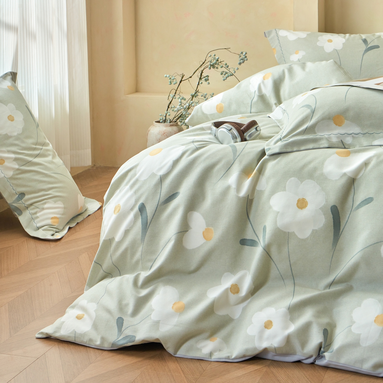 91家纺网 家纺一手货源 找家纺 洺兰家居 2025年新款秋冬加厚全棉磨毛四件套纯棉生态磨毛印花套件 花漾情-绿